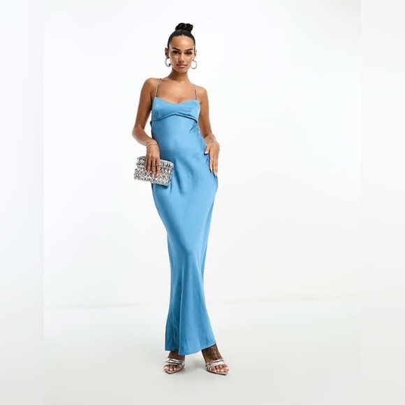 NWT ASOS Parallel Lines Satin Maxi Dress in Teal Blue Size US 10 - Picture 1 of 10